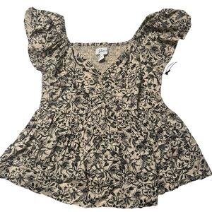 NWT Japna Black Cream Abstract floral puff sleeve babydoll blouse in medium